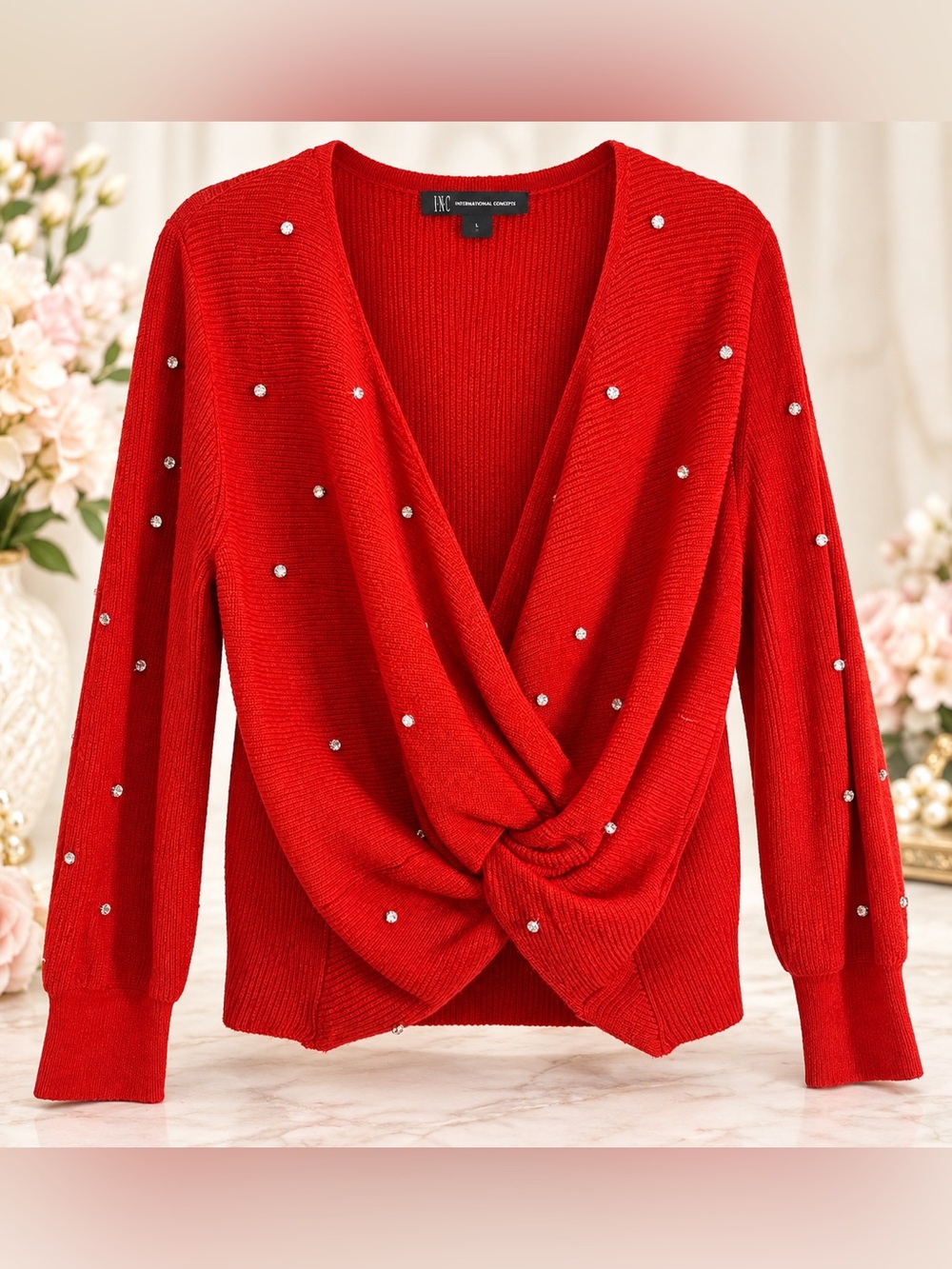 INC Red Rhinestone Twist Front Sweater Holiday Sparkle Size L